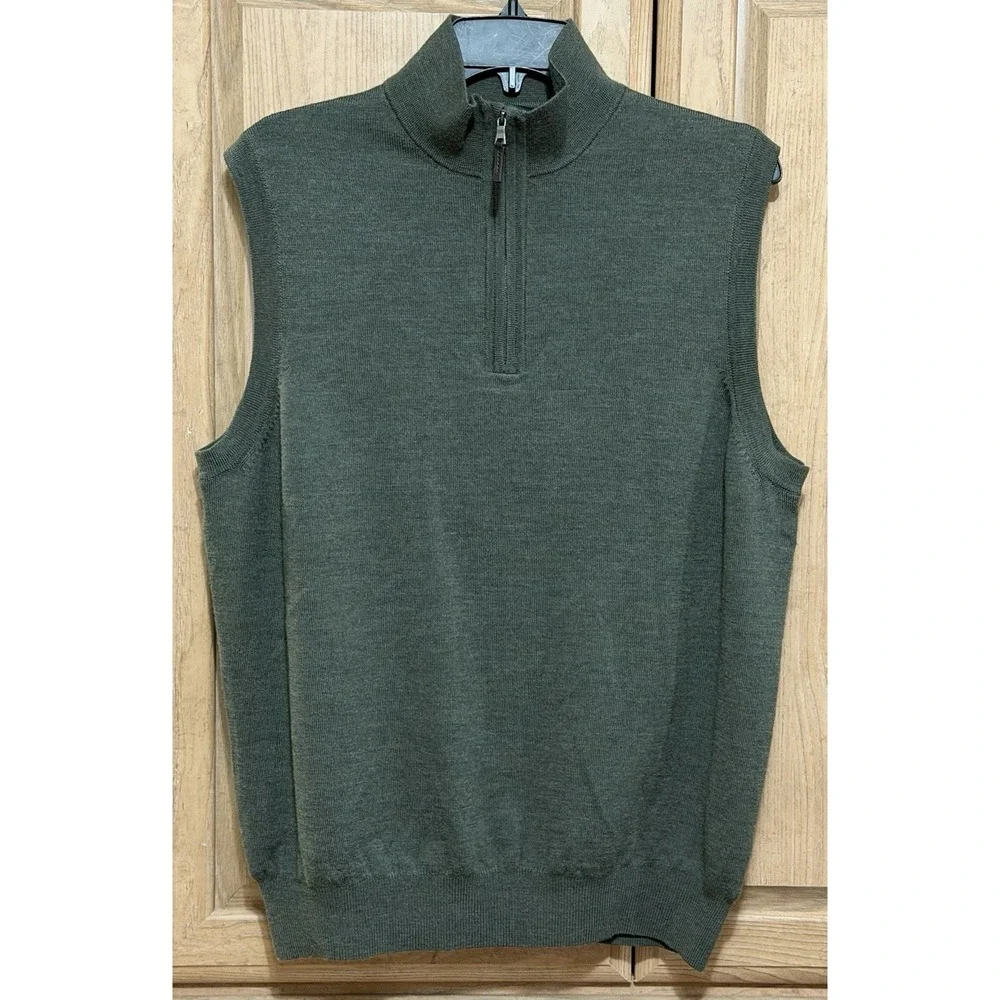 Fairway & Greene Sweater Vest Mens Size S Green Merino Wool Italian Quarter Zip